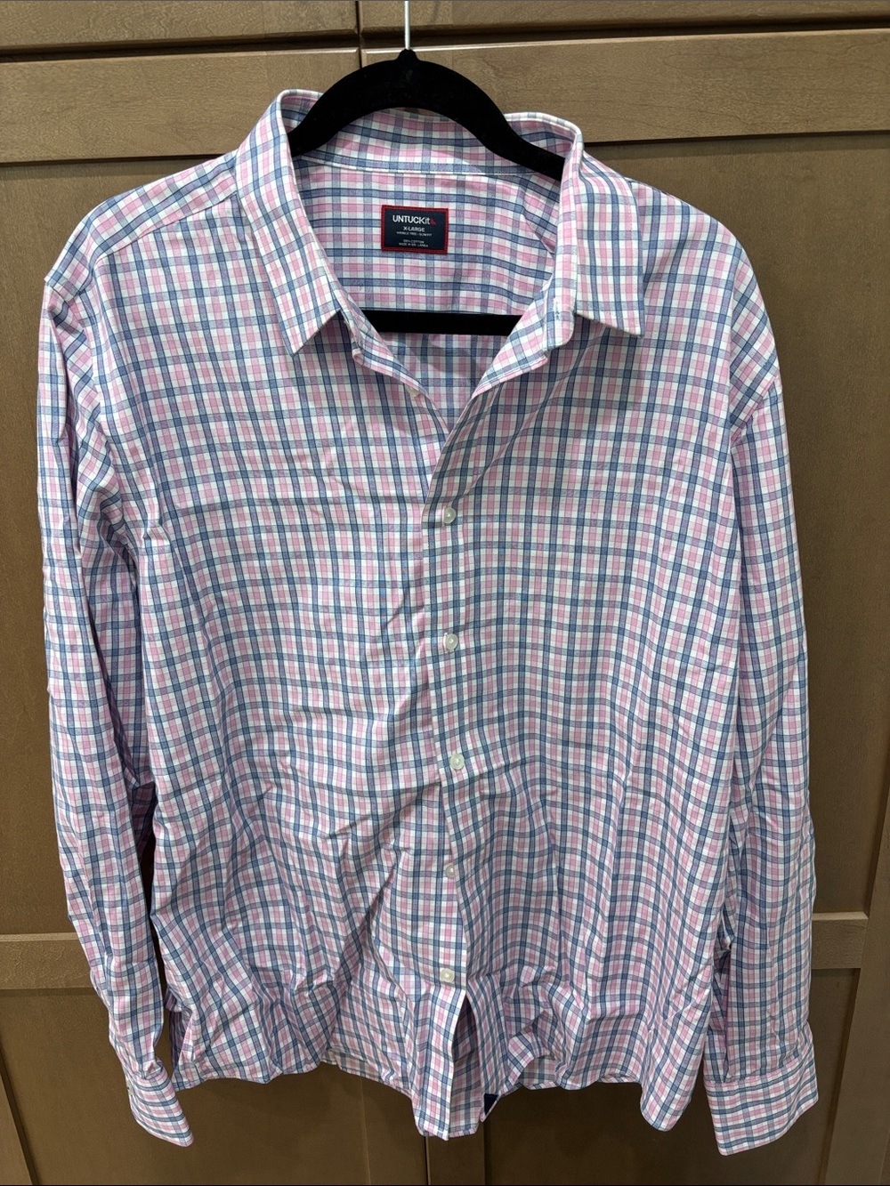Untuckit Men’s Pink and Blue Plaid Button-Up Shirt
